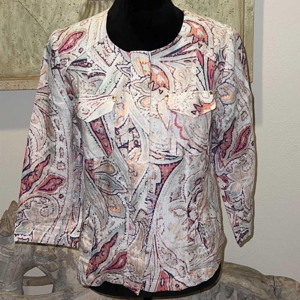 Chico’s 100% Linen natural print zip up top Sz XS